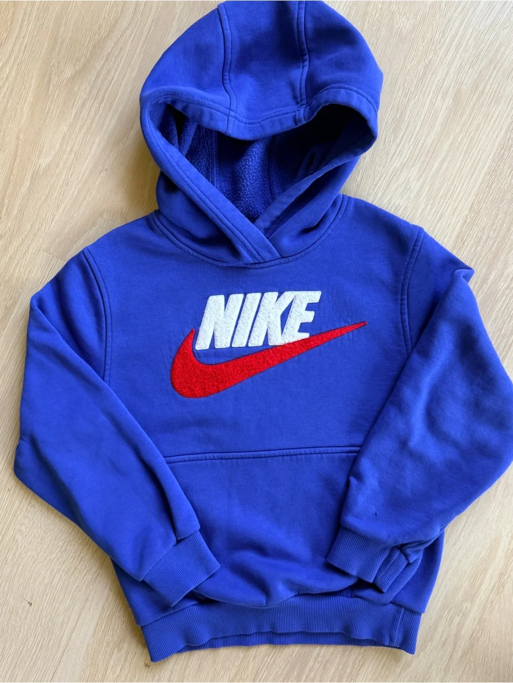 Nike Kids Royal Blue Hoodie with Red Swoosh and White Logo - Size Small (8-9)